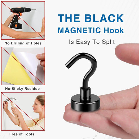 Black magnetic hook with no drilling needed, shown held in hand, highlighting easy use without sticky residue or tools.