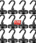 Black Magnetic Hooks, 170 LB Heavy Duty Strong Magnets with Hooks Rare Earth Neodymium Fridge Magnet for Hanging, 12 Pack