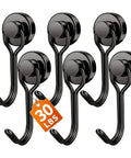 Set of six black magnetic hooks each holding up to 30 lbs for versatile hanging options on metal surfaces indoors or outdoors.