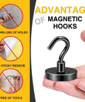 Hand holding Black Magnetic Hooks, 170 LB Heavy Duty Strong Magnets with Hooks, showing non-drilling and residue-free features