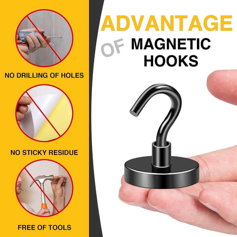 Hand holding Black Magnetic Hooks, 170 LB Heavy Duty Strong Magnets with Hooks, showing non-drilling and residue-free features