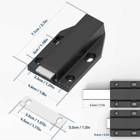 Heavy Duty Magnetic Push Latch No Nail Installation For Large Doors And Cabinets Black 2 Pack, dimensions shown