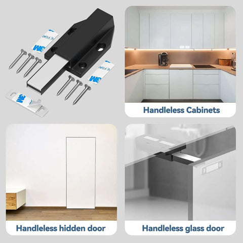 Heavy Duty Magnetic Push Latch No Nail Installation For Large Doors And Cabinets Black 2 Pack Push To Open Cabinet Catch Touch Latch showcased in use on cabinets and doors.