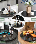 Image showcasing a Marble 16 Inch Lazy Susan Turntable Organizer For Cabinets Pantries Kitchen Counters Fridge And Vanity With Silent Smooth Rotation Anti Slip Rubber Feet And Durable Aluminum Bearing For Easy 360 Degree Access Black, displayed in various household settings like kitchen and living room with items.