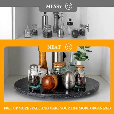 16 inch black marble lazy susan for kitchen use, natural stone rotating serving and organizer tray with organized kitchen items.
