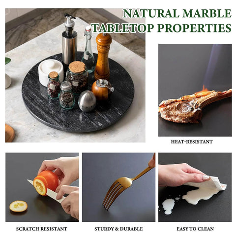 16 inch black marble lazy susan for kitchen use, natural stone rotating serving and organizer tray on a tabletop with properties.