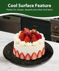 Marble 16 Inch Lazy Susan Turntable Organizer with cake in kitchen, showcasing anti-slip and smooth rotation features.