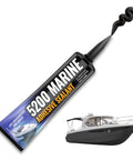 5200 Fast Cure Black Marine Sealant 3 Oz For Boats And RVs, shown with cartridge and a boat illustration, UV resistant sealant for hulls
