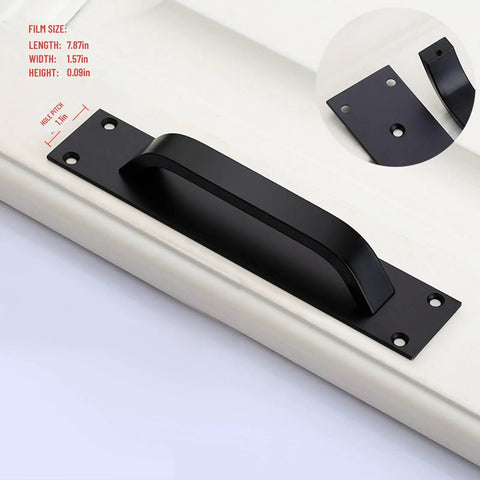 2 Pack Black Matte Finish Barn Door And Cabinet Pull Handles with backplate, shown mounted on light surface with dimensions