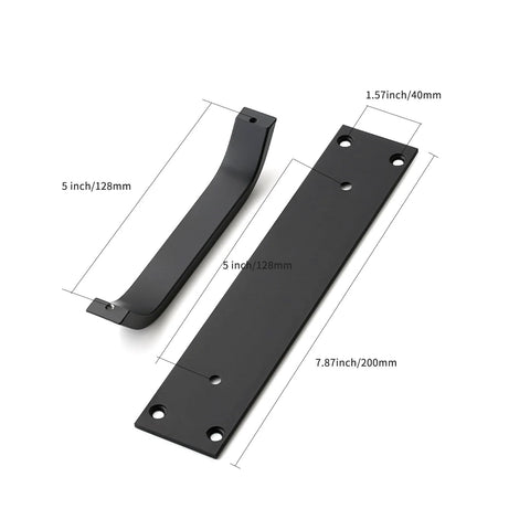 2 Pack Black Matte Finish Barn Door And Cabinet Pull Handles with backplate, dimensions shown, for sleek modern design use.