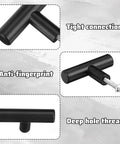 Bulk 50 Pack 2 Inch Black Matte T Bar Cabinet Knobs with 1 Inch Screws Included showing close-up details including anti-fingerprint feature
