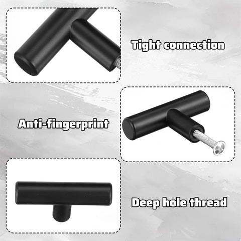 Bulk 50 Pack 2 Inch Black Matte T Bar Cabinet Knobs with 1 Inch Screws Included showing close-up details including anti-fingerprint feature