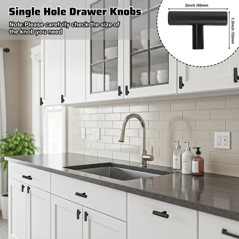 Bulk 50 Pack 2 Inch Black Matte T Bar Cabinet Knobs with 1 Inch Screws Included installed on modern kitchen cabinets.