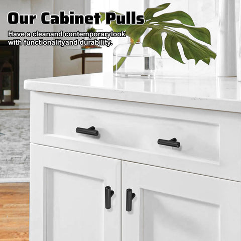 Bulk 50 Pack 2 Inch Black Matte T Bar Cabinet Knobs with 1 Inch Screws Installed on White Kitchen Cabinets