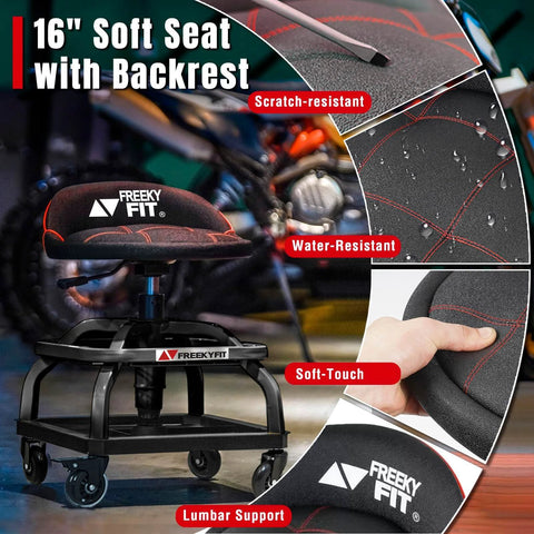 16" soft seat mechanic stool with backrest, featuring scratch-resistant, water-resistant material, soft-touch design, lumbar support