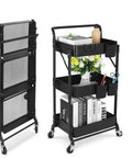 Foldable 3 Tier Metal Utility Rolling Cart With Locking Folding Design For Easy Storage And Mobility The Workhorse Trolley Organizer For Home Office Library Black, shown open and folded