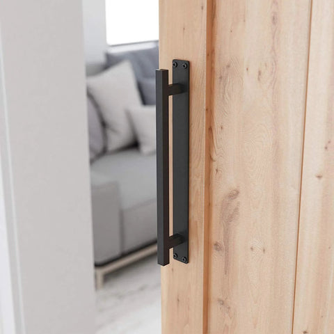 Rustic Barn Door Handle For Sliding Doors, Heavy Duty Long Base Gate Pull, Solid Steel With Frosted Black Finish, installed on wooden door