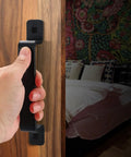 Two Pack Sliding Barn Door Handles Metal Gate Pulls For Interior And Outdoor Doors 7.5 Inch Length Black Finish in use