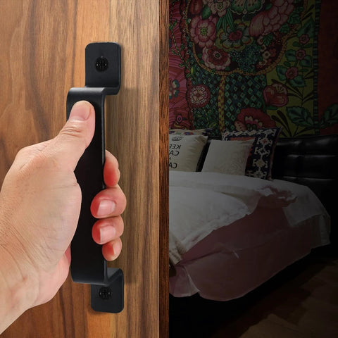 Two Pack Sliding Barn Door Handles Metal Gate Pulls For Interior And Outdoor Doors 7.5 Inch Length Black Finish in use
