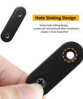 Close-up of black stainless steel flat metal brace bracket with screws showing hole sinking design.