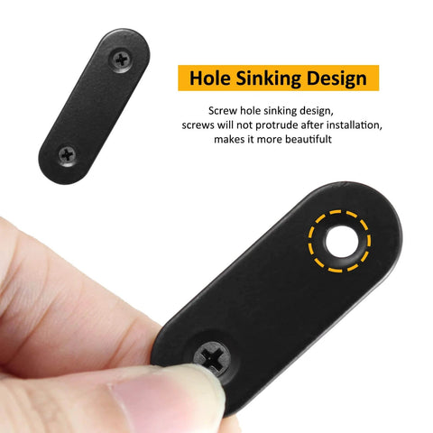 Close-up of black stainless steel flat metal brace bracket with screws showing hole sinking design.