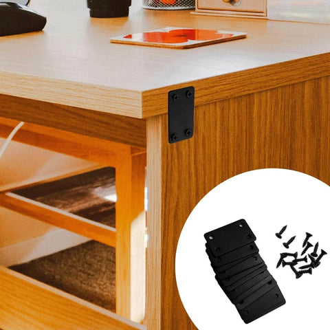 12 Pcs Black Metal Flat Straight Brace Bracket, 2.4 x 1.5 Inch Joining Fixing Brackets, Flat Fixing Corner Brace Plates on a table corner