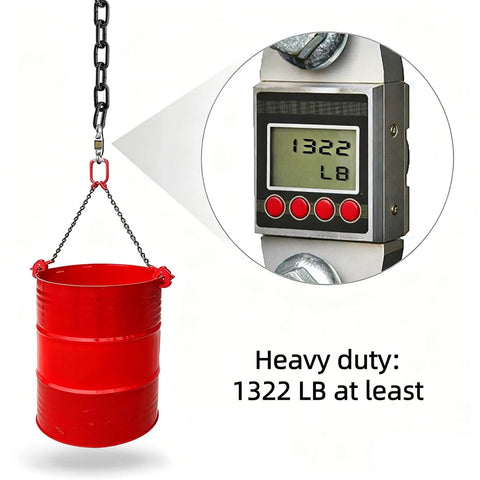 Heavy duty chain supporting red barrel, weight display of 1322 LB, for Long Black Chain Link 1/4" x 19.7 Ft, Heavy Duty Metal Porch Swing Chain for Hanging, Carbon Steel.