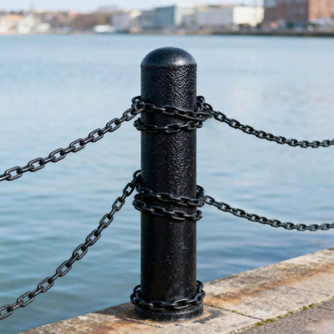 Long Black Chain Link 1/4" x 19.7 Ft, Heavy Duty Metal Porch Swing Chain for Hanging, Carbon Steel Coil tied around post by water