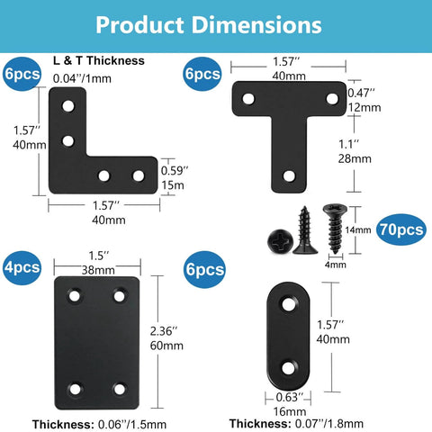 ✝️ 22 Pack Straight Brace Stainless Steel Black Flat Brace Straight Corner Braces Straight Brackets Metal Flat Straight Mending Plates with Screws, various shapes and sizes displayed with dimensions and screws