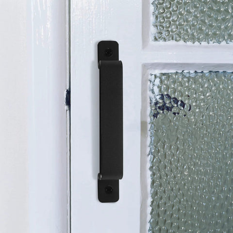 Sliding Barn Door Handles Set In Black 7.4 Inch Gate Handles Hardware on a glass door frame
