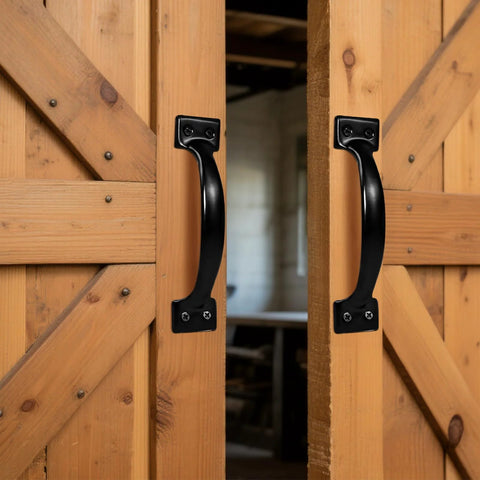 Two Pack 5.5 Inch Metal Door Handles Heavy Duty Modern Hardware installed on wooden doors