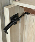 Sliding Door Latch With Hook Black Cam Latch installed on wooden door, showing 7 inch lever and flip action lock mechanism.