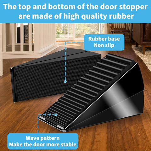 Heavy Duty Door Stopper For Bottom Of Door 3 Inch Tall Adjustable Metal Door Stop With Anti Slip Rubber Grip on hardwood floor.