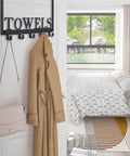 Over the Door Towel Rack Black Metal Holder for Bathroom and Bedroom showing hanging coat and bag on door