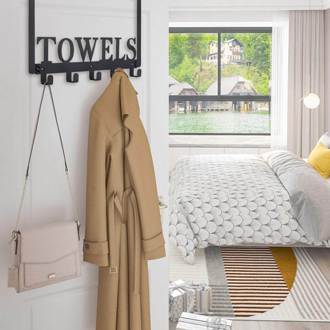 Over the Door Towel Rack Black Metal Holder for Bathroom and Bedroom showing hanging coat and bag on door