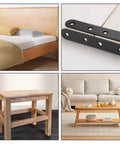 Collage showing wood furniture and 12 PCS 2.99'' x 0.63'' Stainless Straight Flat Brackets, Black Flat Metal Brace Bracket, Support Flat Metal Brace for Wood Furniture, Mending Plate Connector Joining Bracket for Fence, 48 Screws designed for smooth motion and stable alignment in.
