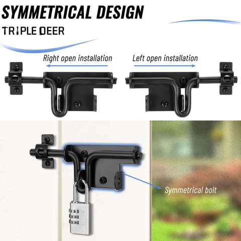 Diagram of Heavy Duty Sliding Bolt Gate Latch With Padlock Hole for dual direction installation on outdoor gates and fences.