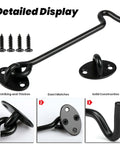 2 Pack 6'' Door Latch Door Lock Hardware, 6'' Hook and Eye Gate Latch in black with screws, detailed display of latch components.