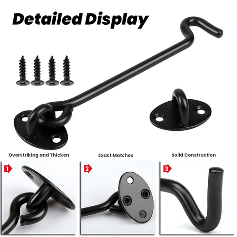 2 Pack 6'' Door Latch Door Lock Hardware, 6'' Hook and Eye Gate Latch in black with screws, detailed display of latch components.