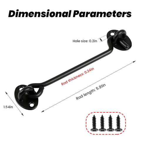 2 Pack 6'' Door Latch Door Lock Hardware dimensional parameters with size details, screws included for installation
