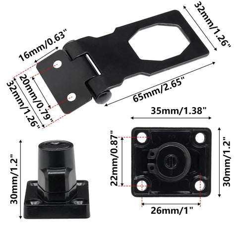 4 Pack Two And A Half Inch Keyed Hasp Locks With Two Keys Each Twist Knob Keyed Locking Hasp For Small Doors And Cabinets Black Metal Safety Latches Includes Mounting Screws For Easy Installation, showing dimensions and components.