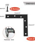 Dimensions of 120x120mm Metal L Mending Plate Bracket, matte black, with thickness and screw details, Pack of 6
