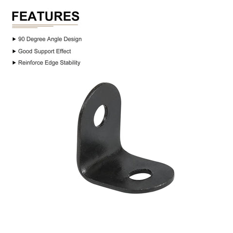 Black 0.47"x0.47"x0.35" L bracket corner brace with screws for wooden furniture, showing 90-degree angle design and support features.