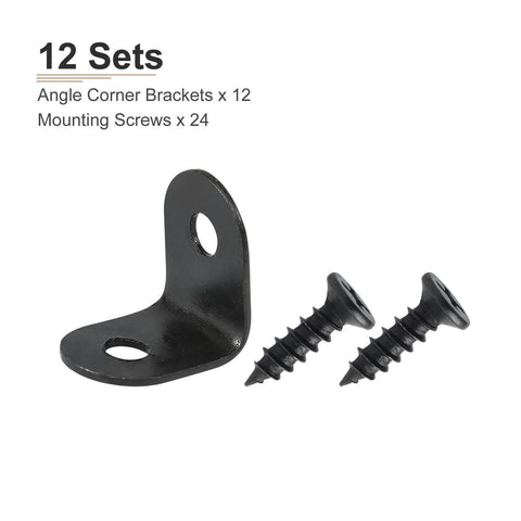 Black metal right angle bracket 0.47"x0.47"x0.35" L bracket corner braces and screws for mending furniture, 12 pack.