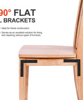 90° L Brackets installed on wooden chair, securing right angle with black finish, ideal for frame construction and furniture repair.