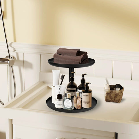 Two Tier Metal Lazy Susan Organizer Rotating Spice Rack For Kitchen Pantry And Countertop 1.2mm Steel Black on bathroom counter