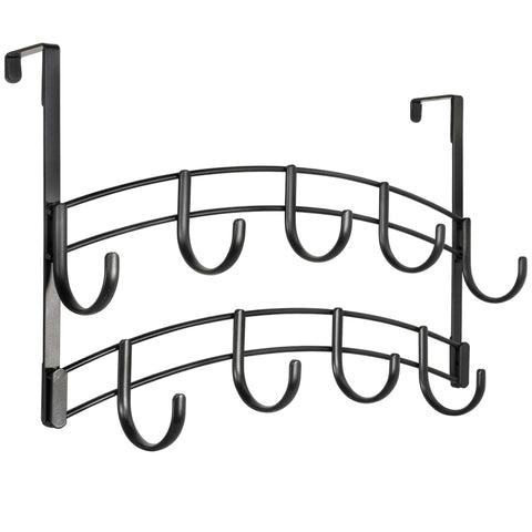 Black metal over-the-door double hook organizer with ten hooks for versatile hanging. Simple steel design for home or office use.
