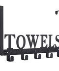 Black metal over the door towel rack with 'Towels' design for bathroom and bedroom