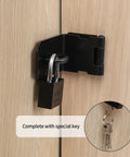 4 Inch 90 Degree Stainless Steel Padlock Hasps With Padlock And Keys Set on a wooden cabinet