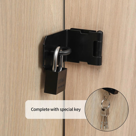 4 Inch 90 Degree Stainless Steel Padlock Hasps With Padlock And Keys Set on a wooden cabinet